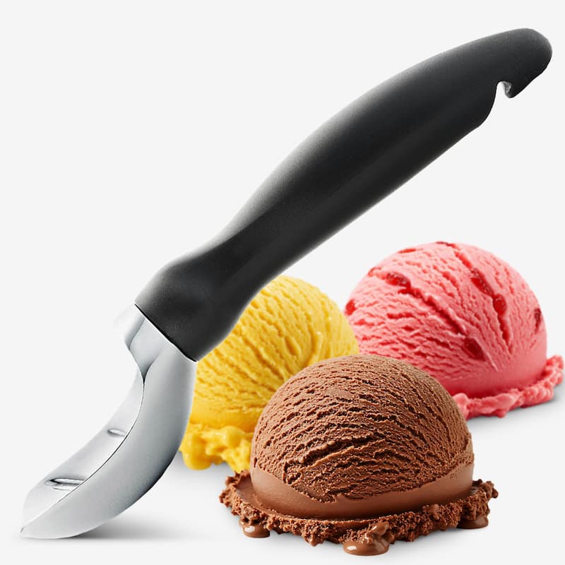 Cheer Collection Heavy Duty Ice Cream Scoop Stainless Steel with Curved Head and Lid Opener Black 7.87 Inch - Black