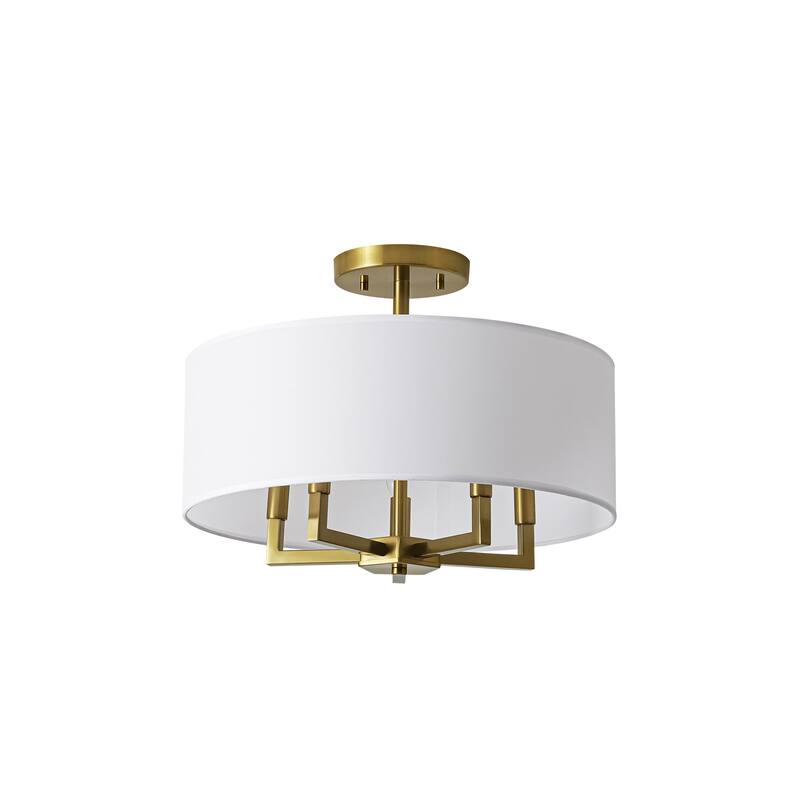 4-Light Mid-Century Modern Gold Semi-Flush Mount Light with White Drum Fabric Shade for Bedroom, Living Room