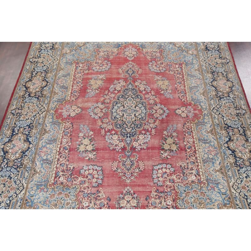 Antique Vegetable Dye Floral Kerman Persian Wool Area Rug Hand-knotted - 11'0" x 14'5"