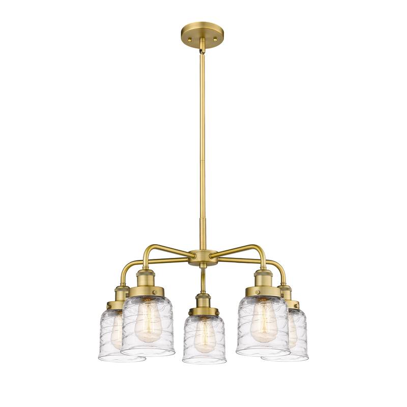 Innovations Lighting Bell - 5 Light 23" Stem Hung Chandelier - Brushed Brass/Clear Deco Swirl