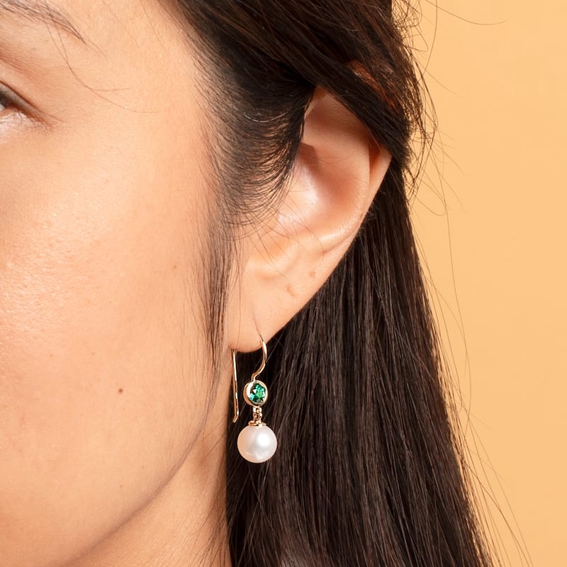 14k Yellow Gold Freshwater Pearl and Emerald Birthstone Drop Earrings