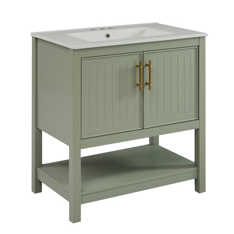 Vertical Stripe Storage Cabinet Versatile Bathroom Vanity with Ceramic Sink, Open Shelf, Door Storage Boxes and Golden Handles