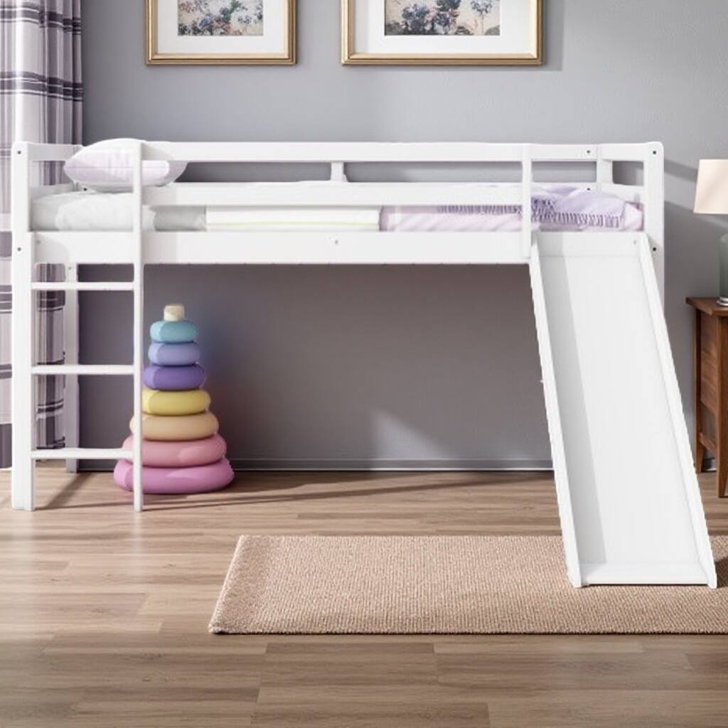 Twin Size Solid Wood Low Loft Bed with Slide, Ladder, Safety Guardrails, and Sturdy Rubberwood Frame
