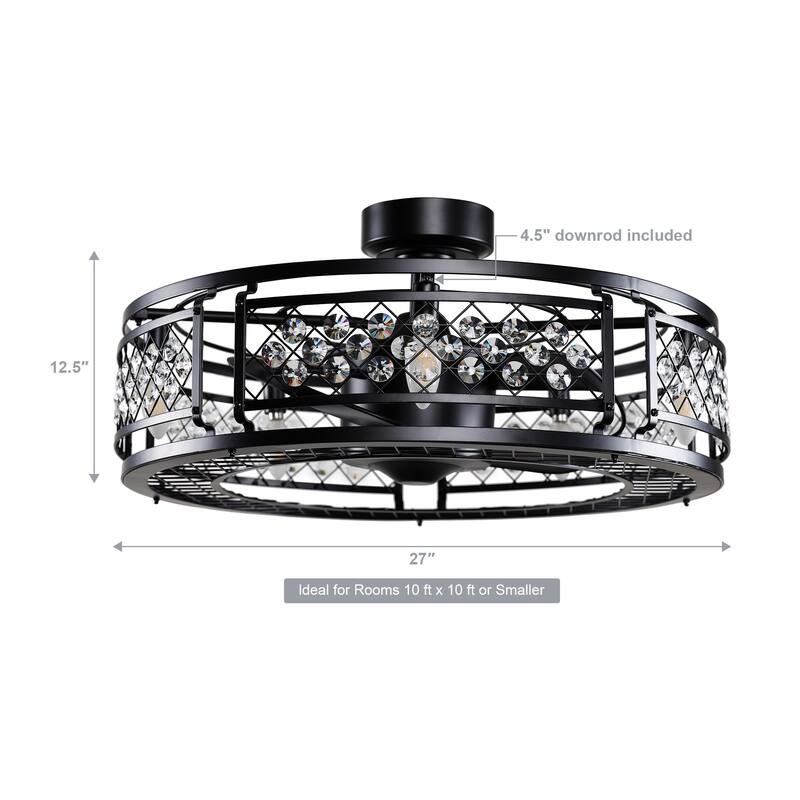 27" Matte Black 3-Blade Crystal Low Profile Ceiling Fan with Remote
