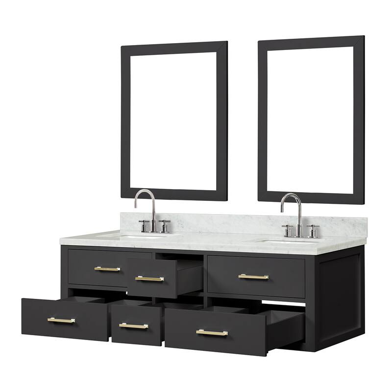 Lexora Castor Double Bath Vanity, Carrara Marble Top, Faucet Set, and Mirrors