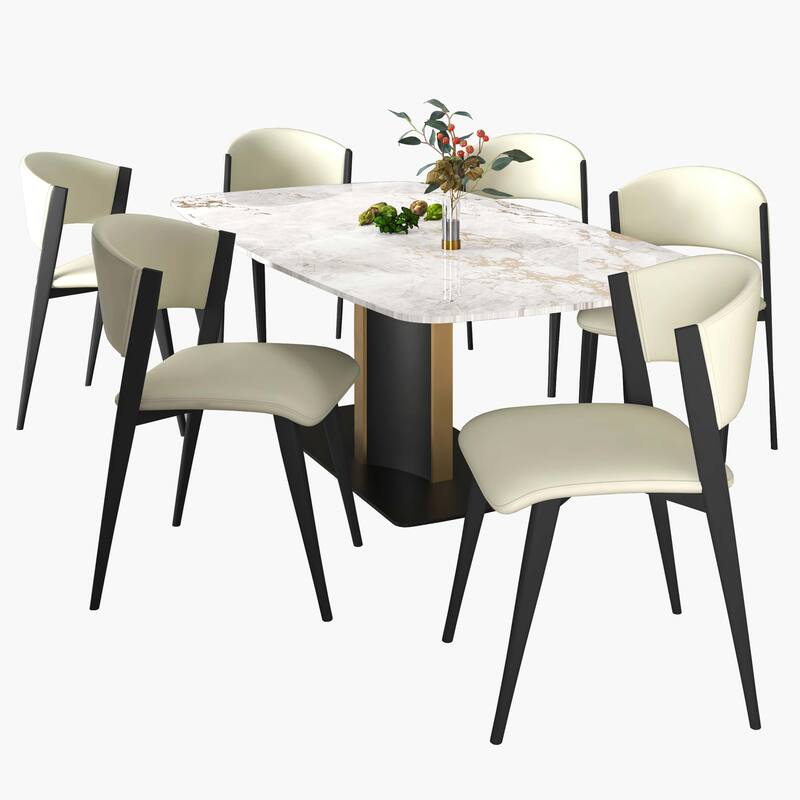7-Piece Dining Set with 55-Inch Sintered Stone Dining Table and 6 Leather Side Chairs
