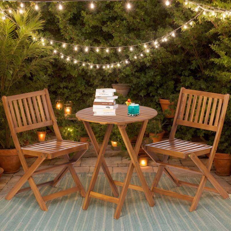Farmhouse 3-Piece Acacia Bistro Set, Foldable Wood Patio Furniture with Coffee Table & Chairs, Space-Saving Set