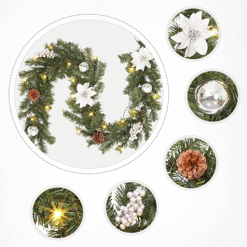 Decorated 6 Ft Pre-Lit Christmas Garland with Battery Operated LED Lights - N/A