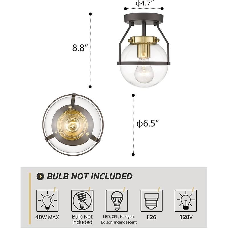 Semi Flush Mount Ceiling Light with Clear Globe Glass Shade