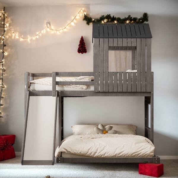 slide 2 of 49, Friendly Design Twin over Full Bunk Bed, Loft Bed with Playhous Antique Gray