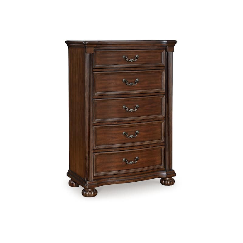 Laon Tall Dresser Chest, 5 Drawer Cherry Brown Solid Hardwood, 51 Inch