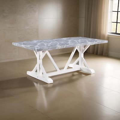 Joyce 78 Inch Dining Table, Modern Faux Stone Top, White Finished Wood Base