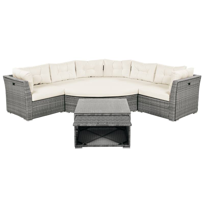 Roomfitters Outdoor Rattan Sectional Daybed Furniture Set with Cushions & Center Table for Patio