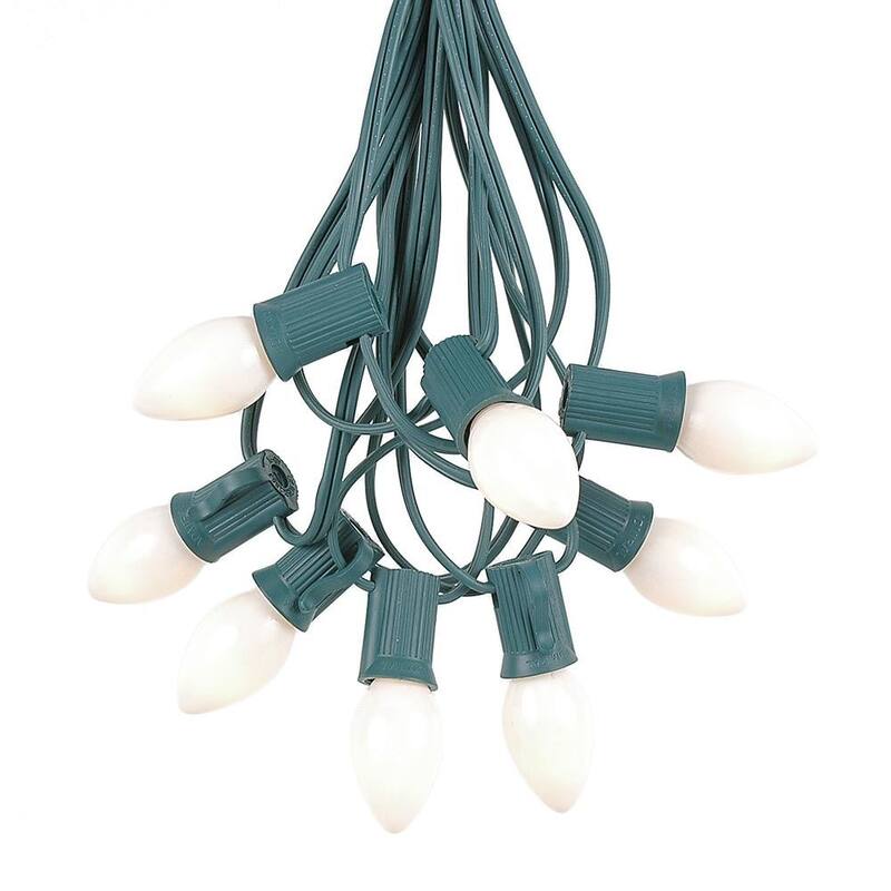 25 Foot C7 Ceramic Christmas Light Set, Hanging String Lights, Green Wire - White