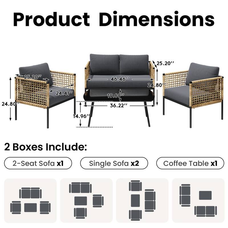 4-piece Waterproof Fabric Sofa Set (2+1+1) with PE Woven & Marble Table