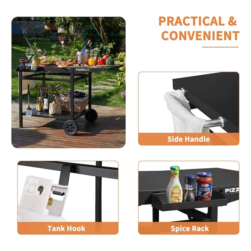 43.5" W x 26" D Portable Outdoor Grill Table, Pizza Oven Table with Foldable Side Panel, Movable Prep Cart