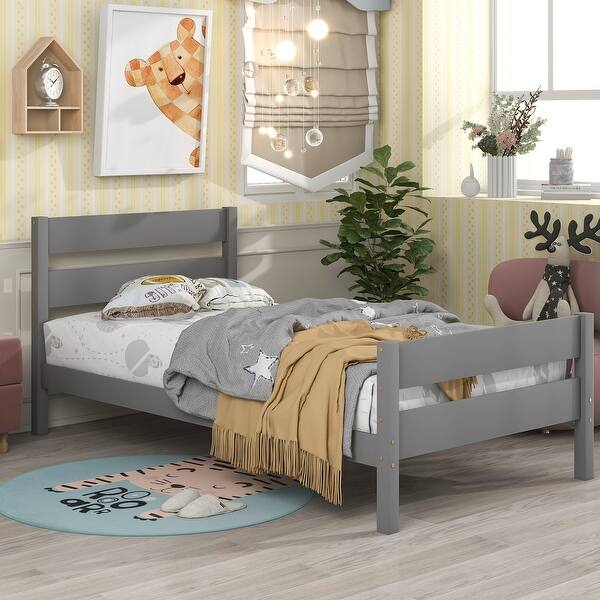 slide 2 of 5, Twin Size Wooden Bed with Headboard and Footboard, Solid Pine Construction Grey