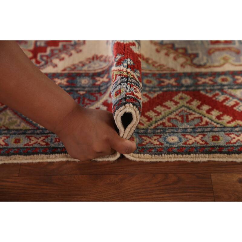 Geometric Kazak Runner Rug Handmade Beige Oriental Wool Carpet - 2'7" x 15'5"