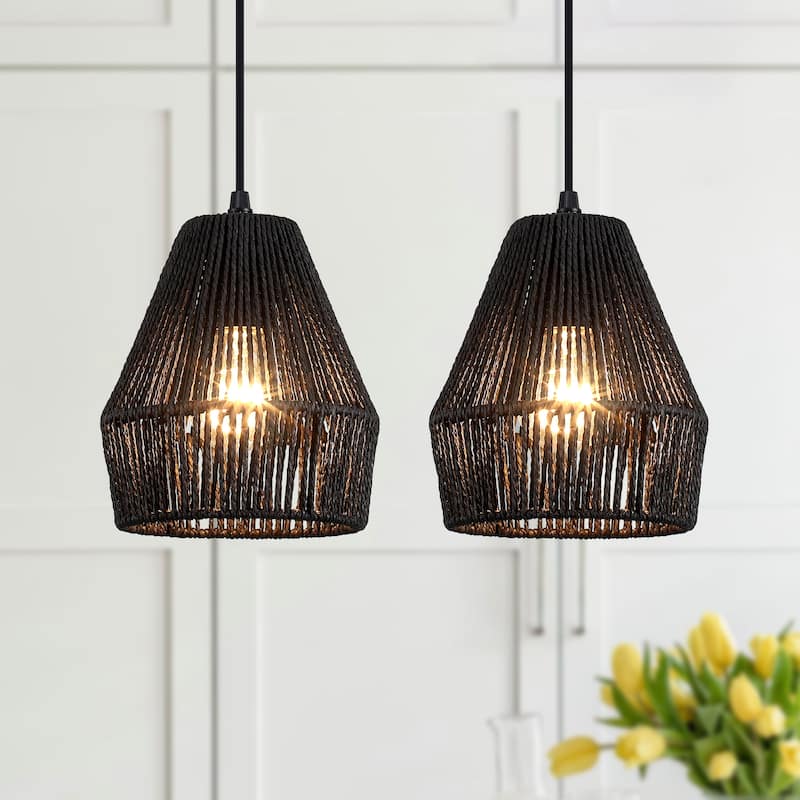 Boho Coastal 1-Light Hand-Woven Rattan Pendant Light for Kitchen Island Hallway (Set Of 2) - 7.28 in