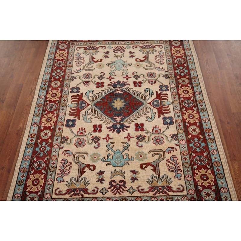 Geometric Kazak Rug Hand-Knotted Oriental Wool Carpet - 3'7" x 4'11"