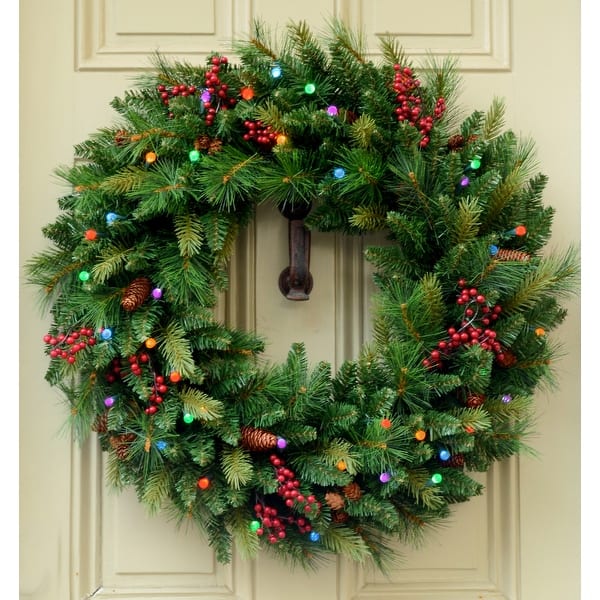 slide 2 of 11, Woodland Berry Wreath B/O LED Lights (24", 30", 36")