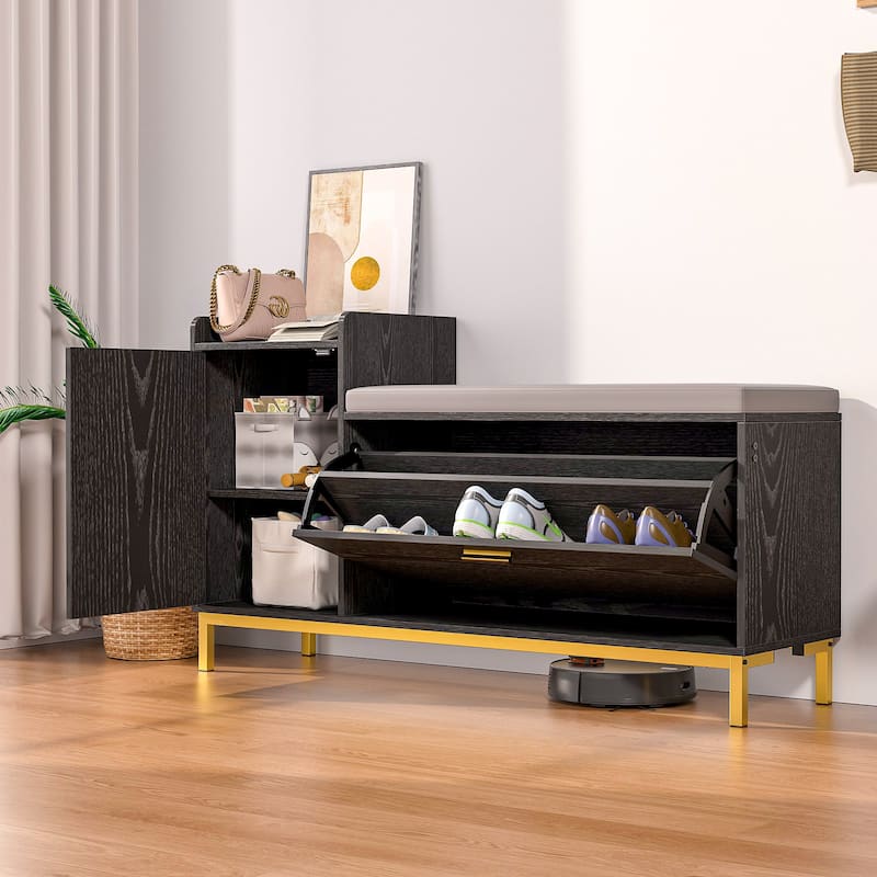 Entryway Shoe Cabinet Shoe Storage Bench with Padded Seat, Shoe Rack for Hallway, Bedroom, Living Room - Black