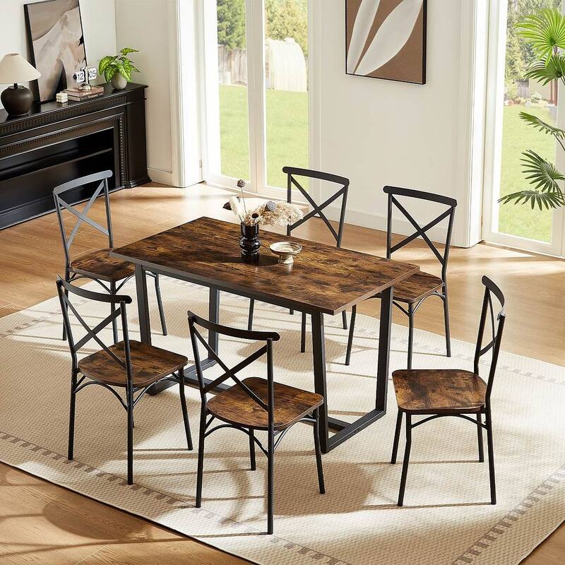 7 Piece Industrial Dining Table Set with 6 Chairs with Backrest for Kitchen - Brown