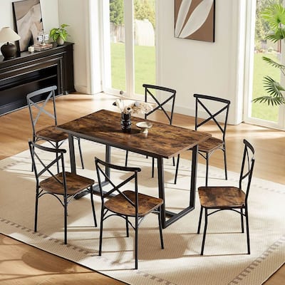 7 Piece Industrial Dining Table Set with 6 Chairs with Backrest for Kitchen