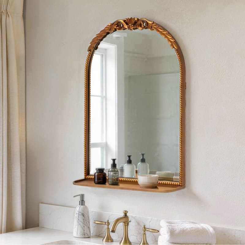 Ornate Arch Top Metal Framed Wall Mirror with Shelf