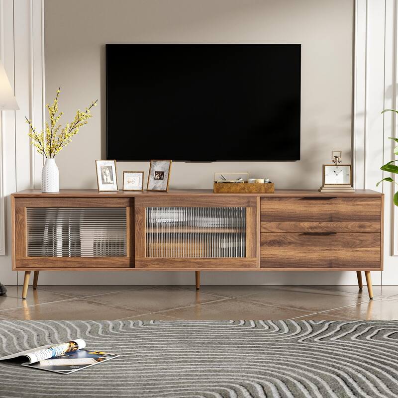 Modern TV Stand Media Console, for 75"+ TVs with 2 Glass Doors, 2 Drawers and Storage Cabinet, for Living Room, Bedroom - Beige