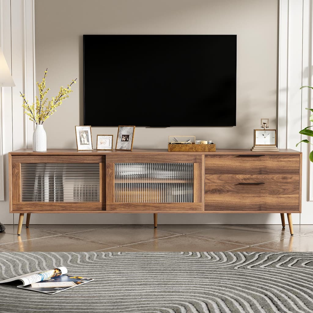 Modern TV Stand Media Console, for 75"+ TVs with 2 Glass Doors, 2 Drawers and Storage Cabinet, for Living Room, Bedroom