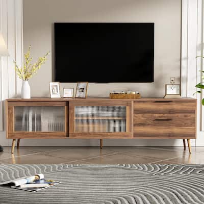 Modern TV Stand for 75"+ TV, TV Console with 2 Glass Doors, Entertainment Center with 2 Drawers & Storage Cabinet