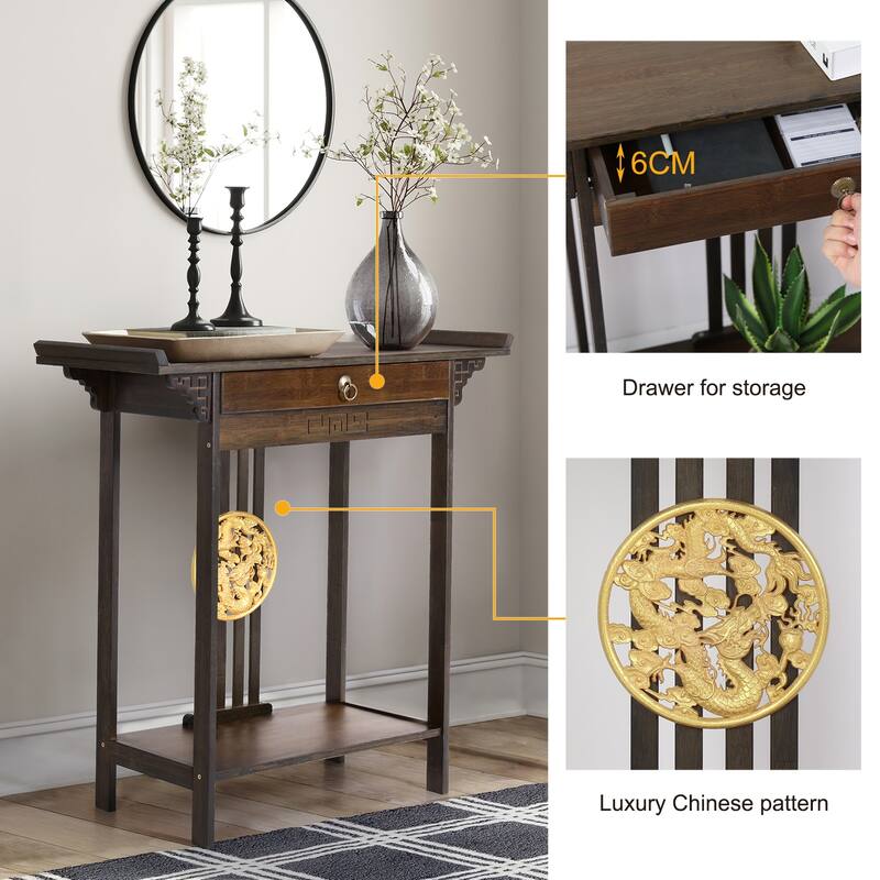 Gold Relief Dragon Totem Brown Console Table Entryway Table with Drawer and Bottom Shelf - 32.09x12.6x32.28''