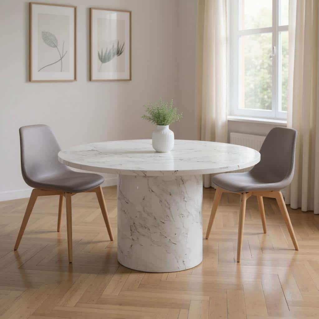 HomeRoots 60" Gray and White Marble Pedestal Base Round Top Dining Table - 60.00 in. x 30.00 in. x 60.00 in.