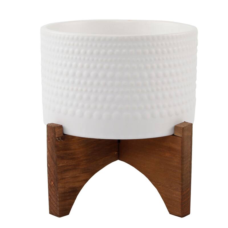 5" Hobnail Ceramic Planter on Wood Stand - White