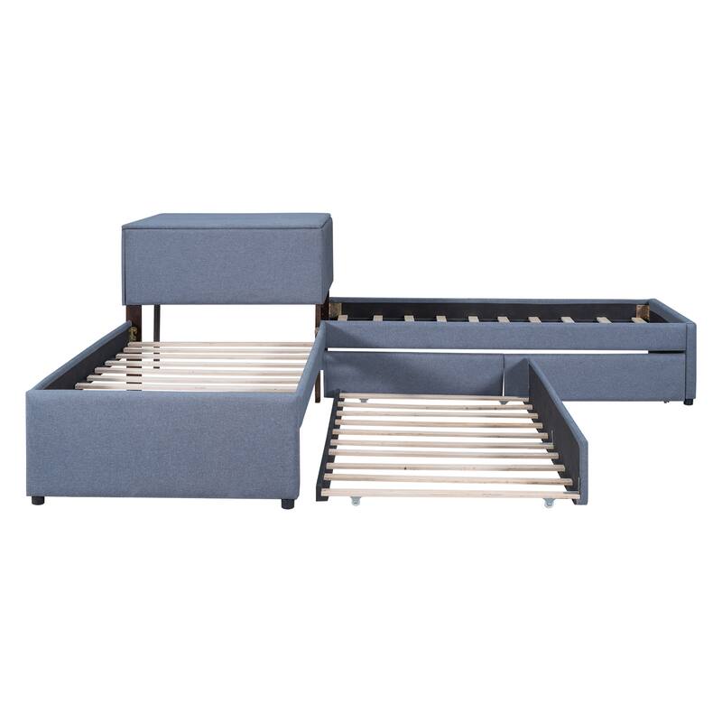 Twin L-Shaped Upholstered Platform Bed with Trundle and Storage, Built-In Desk, Perfect for Small Rooms and Sleepovers