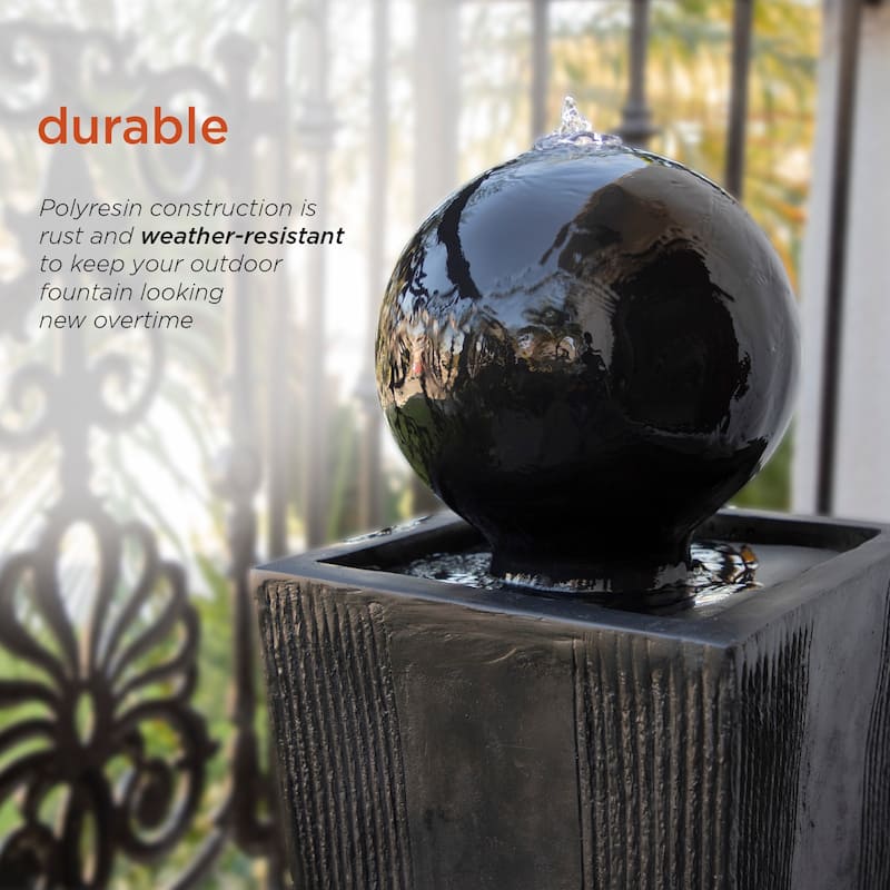 Alpine Corporation GIL786 33" Black Outdoor Modern Sphere Pedestal Water Fountain with LED Lights