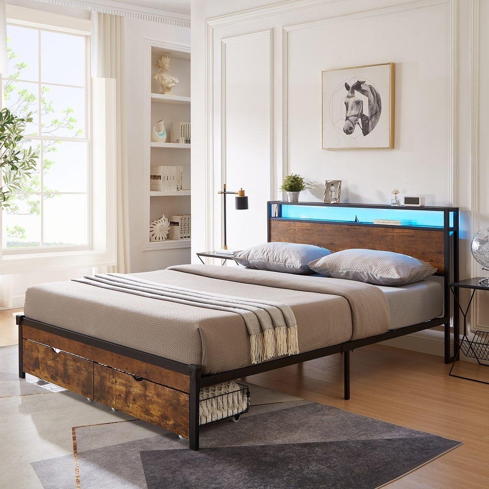 Brown+Black Queen Size Metal Platform Bed with LED Lights,Wooden Headboard and Two Drawers for Bedroom
