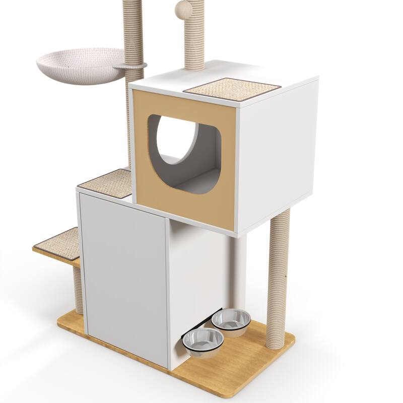 Wood Cat Tree Tower with Scratching Pads and Large Storage Space, Industrial Cat Cabinet with Shelves and Doors