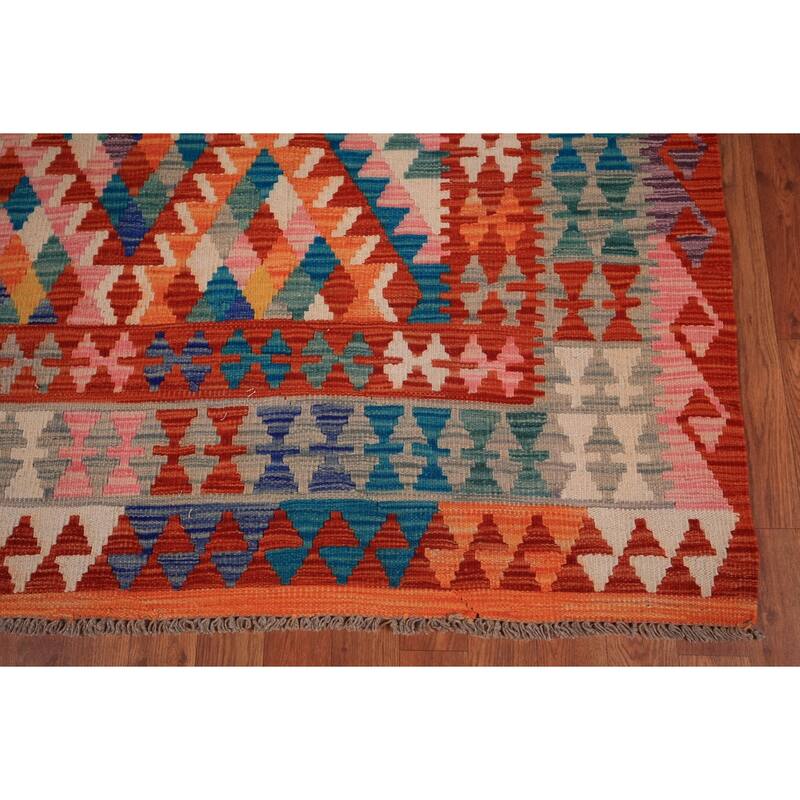South Western Style Kilim Area Rug Hand-Woven Multi-Color Wool Carpet - 8'1" x 9'10"