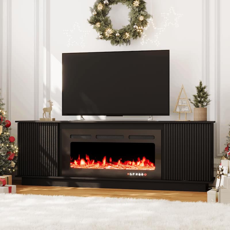 EROMMY 70" Fireplace TV Stand with 36" Electric Fireplace, Fluted Media Console for TVs up to 80", Black
