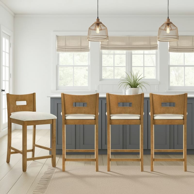 Ren Rubberword Bar Stool, Ivory Upholstered Counter Height Stool - Set of 4 - Ivory/Amber Glow - Counter Height