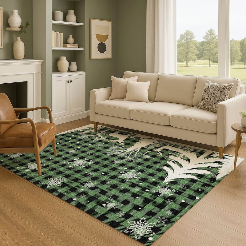 Premium Washable Super Soft Winter Reindeer Tree Mayfield Rug - Green - 9' x 12'