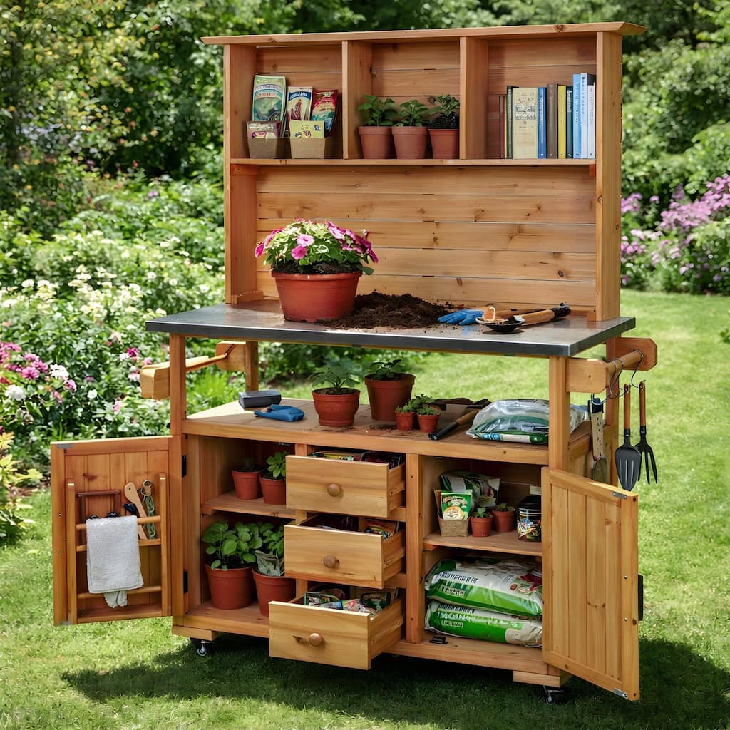 65''H Outdoor Potting Bench Garden Storage Table w/Lockable Wheels, Drawers, Cabinets & Side Hooks - N/A