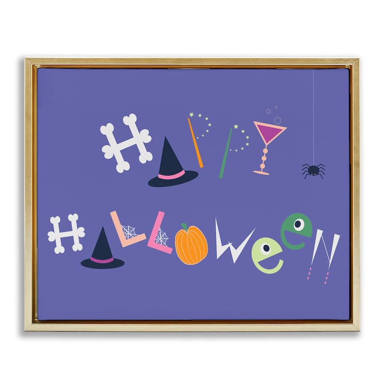 Stupell Eclectic Happy Halloween Framed Floater Canvas Wall Art Design By Sazerelli Designs - 21 x 17 - Gold