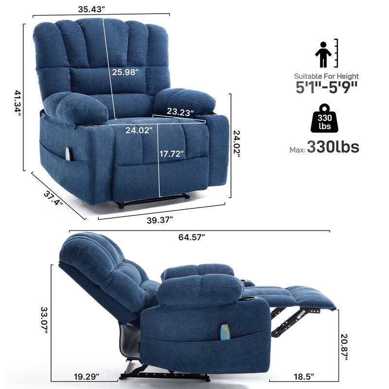 Massage Recliner Chair with Vibration & Heating, Ergonomic Single Sofa Chair, Recliner Chair with Side Pockets & 2 Cup Holders