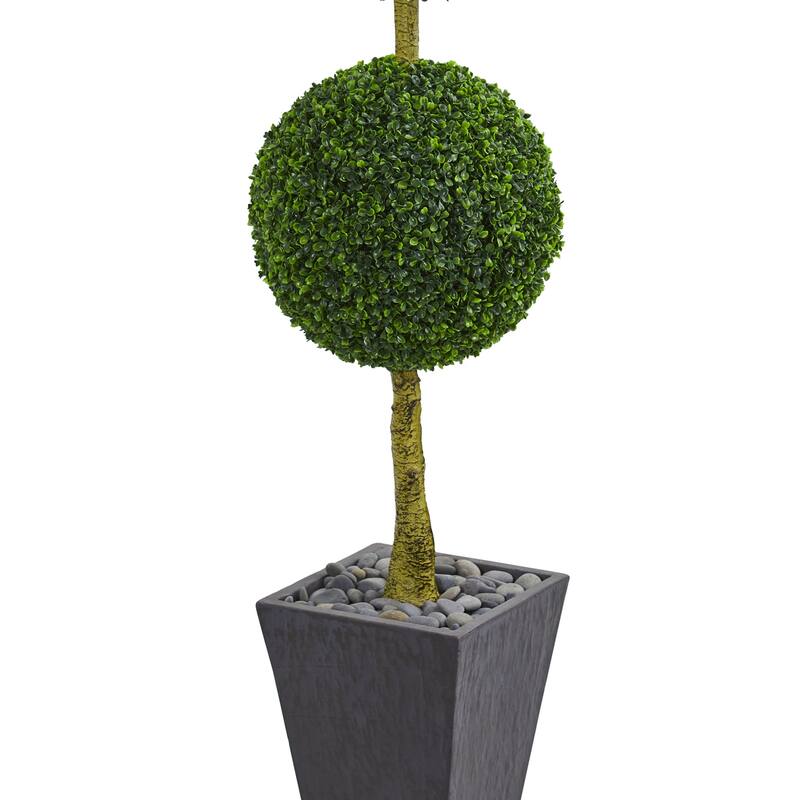 6ft Boxwood Triple Ball Topiary Artificial Tree in Slate Planter with UV Resistant Greenery for Elegant Walkway Decor