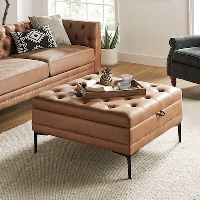 Geoffrev Mid-century Modern Lift Top Button-tufted Shelved Storage Cocktail Ottoman with Metal Legs by HULALA HOME