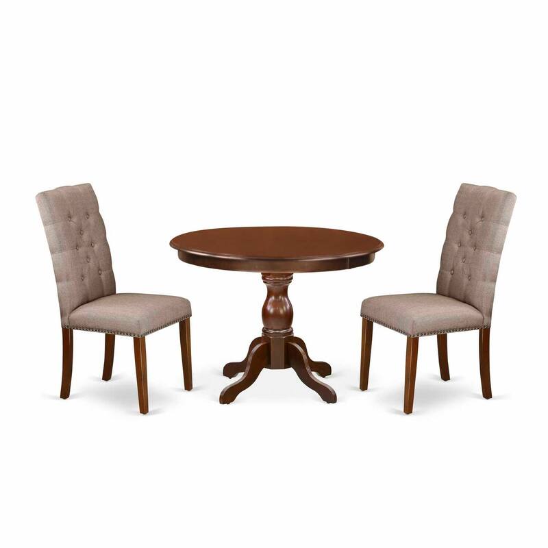 3-Piece Mahogany Finish Solid Wood Top - Button Tufted Dining Room Set - Seats 4