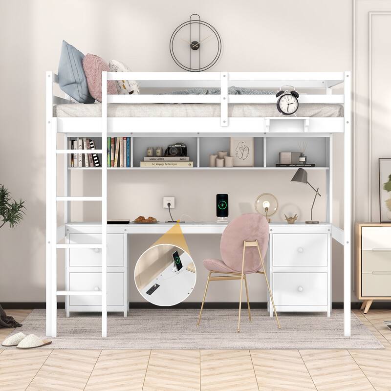 Full Size Loft Bed with Desk, Storage Cabinets, Drawers, and Charging Station - White